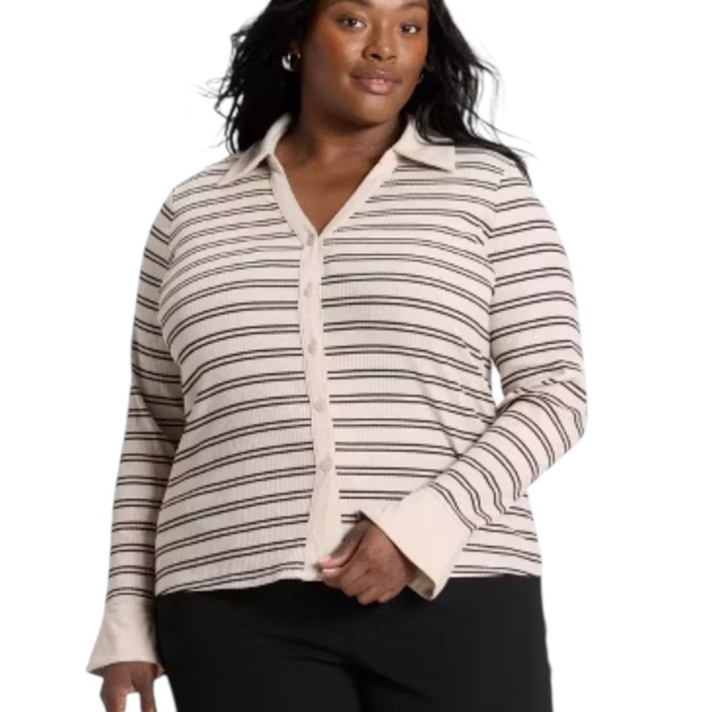 Ava & Viv Women's‎ Long Sleeve Collared Rib-Knit Button-Down Shirt